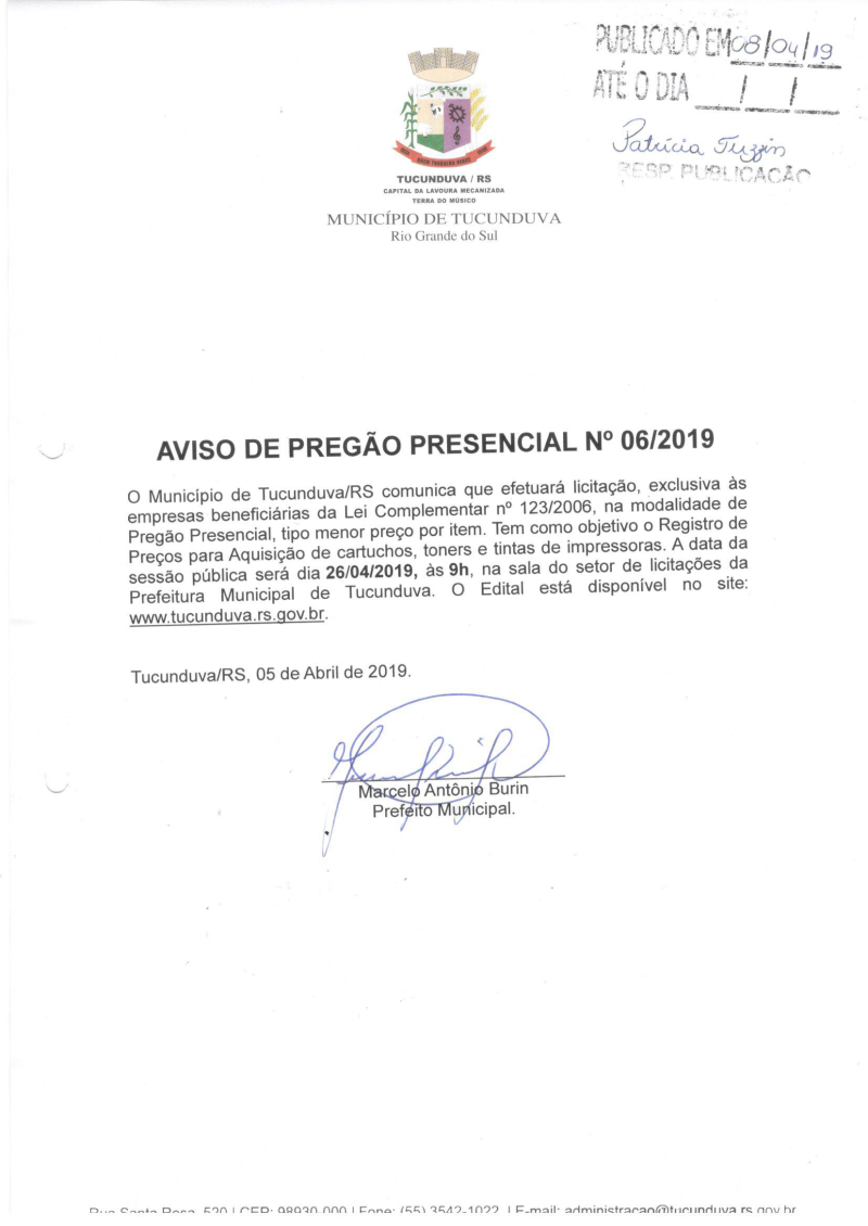 AVISO DE LICITAÇÃO - PREGÃO PRESENCIAL Nº 06/2019